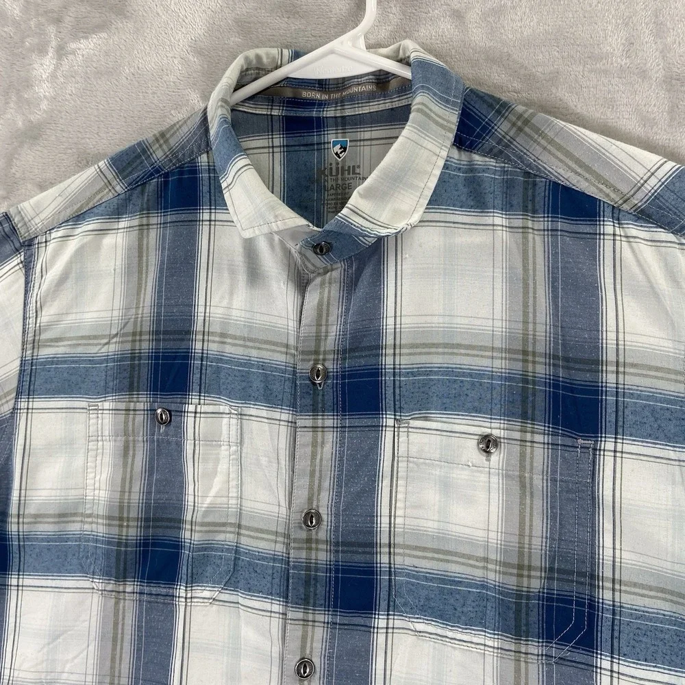 KUHL Shirt Mens Large Button Up STYK Tapered Fit Blue Plaid Short Sleeve Outdoor